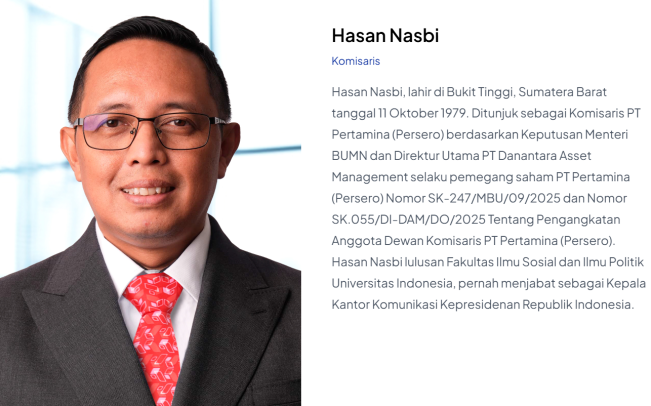 Profil Komisaris Pertamina Hasan Nasbi. [pertamina.com]
